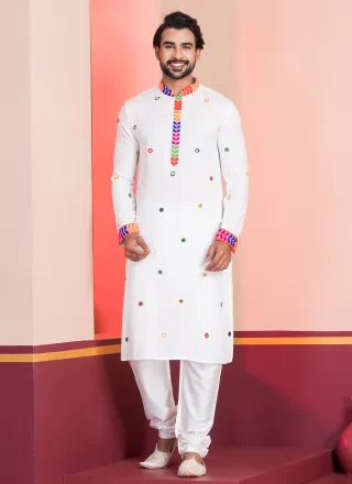 Embroidered and Lace Work Rayon Kurta Pyjama In White