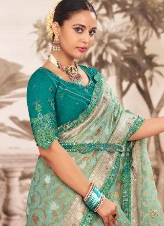 Embroidered and Lace Work Silk Classic Sari In Sea Green