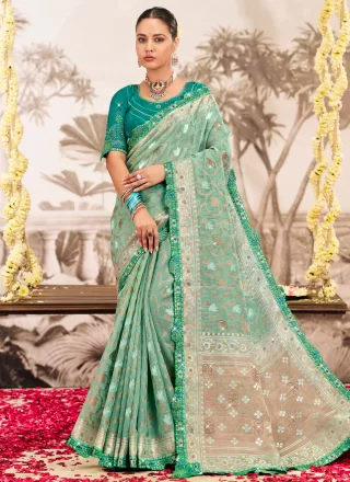 Embroidered and Lace Work Silk Classic Sari In Sea Green