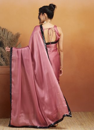 Embroidered and Lace Work Velvet Trendy Saree In Pink for Casual