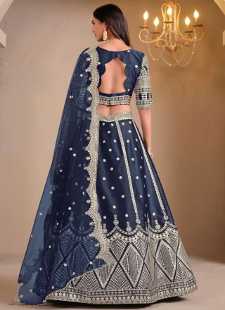 Embroidered and Mirror Work Art Silk A - Line Lehenga Choli In Blue Colour