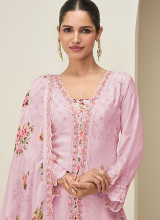 Embroidered and Mirror Work Chinon Salwar Suit In Pink for Ceremonial