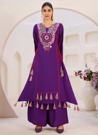 Embroidered and Mirror Work Rayon Casual Kurti In Purple for Casual