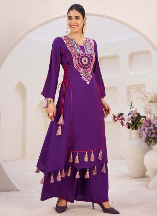 Embroidered and Mirror Work Rayon Casual Kurti In Purple for Casual