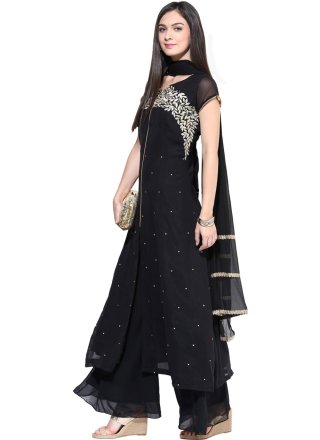 Embroidered and Patch Border Work Georgette Sharara Set In Black Colour