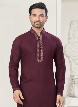 Embroidered and Pintex Work Cotton Kurta Pyjama In Maroon Color