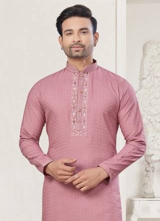 Embroidered and Pintex Work Cotton Kurta Pyjama In Pink Color