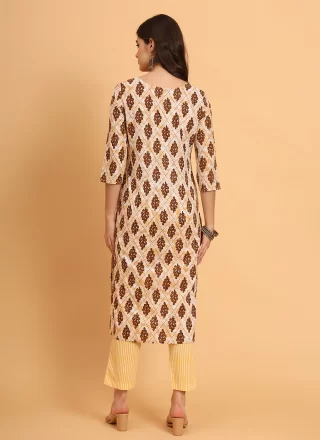 Embroidered and Print Work Cotton Casual Kurti In Yellow Colour