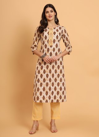 Embroidered and Print Work Cotton Casual Kurti In Yellow Colour