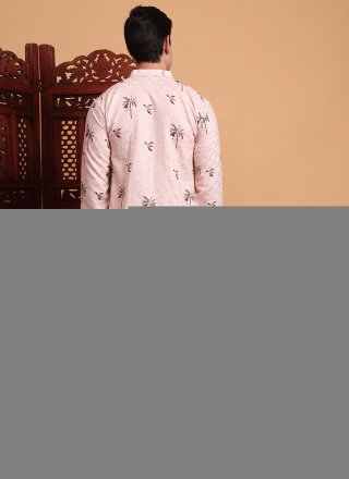 Embroidered and Print Work Cotton Kurta Pyjama In Peach Color