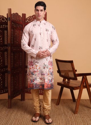 Embroidered and Print Work Cotton Kurta Pyjama In Peach Color