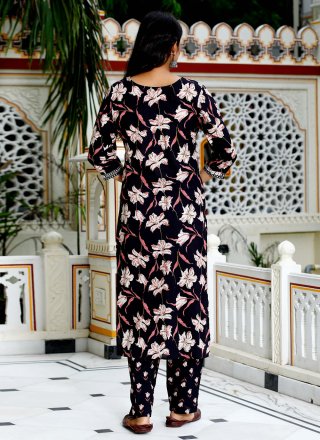 Embroidered and Print Work Cotton Salwar Suit In Black