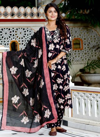 Embroidered and Print Work Cotton Salwar Suit In Black