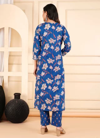 Embroidered and Print Work Cotton Salwar Suit In Blue