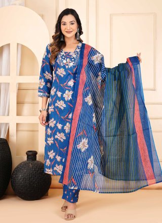 Embroidered and Print Work Cotton Salwar Suit In Blue