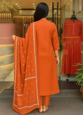 Embroidered and Print Work Cotton Salwar Suit In Orange
