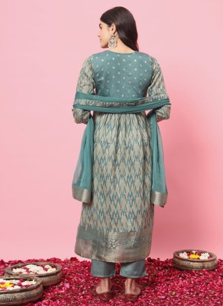 Embroidered and Print Work Cotton Silk Salwar Suit In Aqua Blue Color