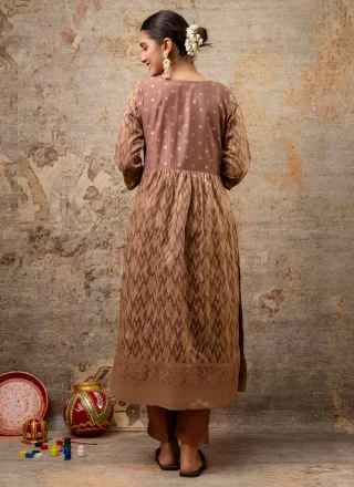 Embroidered and Print Work Cotton Silk Salwar Suit In Brown Color