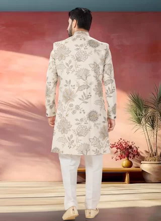 Embroidered and Print Work Linen Indo Western In Cream for Ceremonial