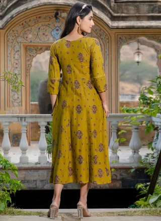 Embroidered and Print Work Rayon Designer Kurti In Green Colour