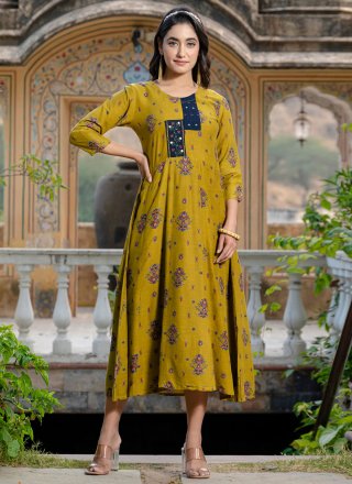 Embroidered and Print Work Rayon Designer Kurti In Green Colour