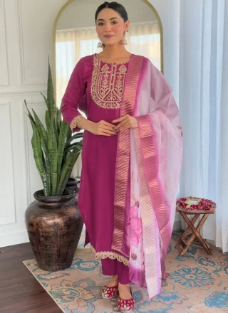 Embroidered and Print Work Rayon Salwar Suit In Purple for Engagement