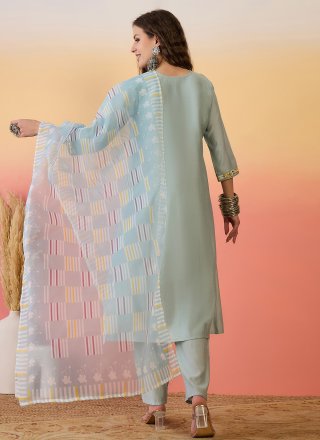 Embroidered and Print Work Silk Salwar Suit In Aqua Blue Color
