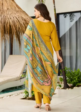 Embroidered and Print Work Silk Salwar Suit In Mustard