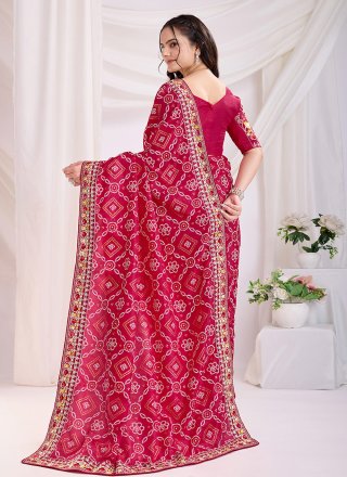 Embroidered and Print Work Vichitra Silk Classic Saree In Red Colour