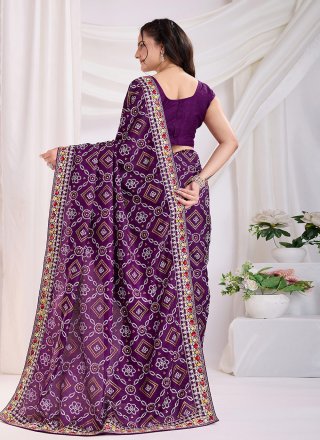 Embroidered and Print Work Vichitra Silk Contemporary Sari In Violet for Casual