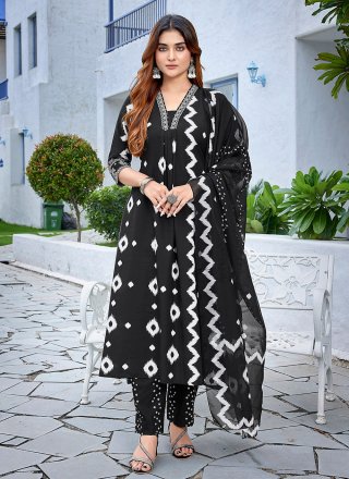 Embroidered and Print Work Viscose Pant Style Suit In Black for Casual