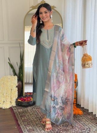 Embroidered and Print Work Viscose Pant Style Suit In Grey Color