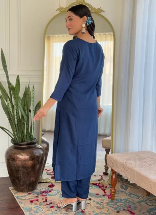 Embroidered and Print Work Viscose Salwar Suit In Blue Color