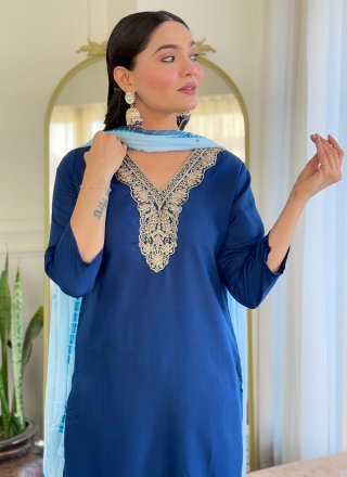 Embroidered and Print Work Viscose Salwar Suit In Blue Color