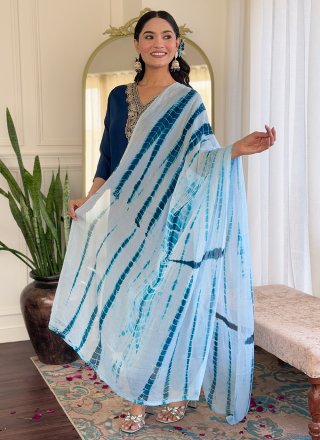 Embroidered and Print Work Viscose Salwar Suit In Blue Color