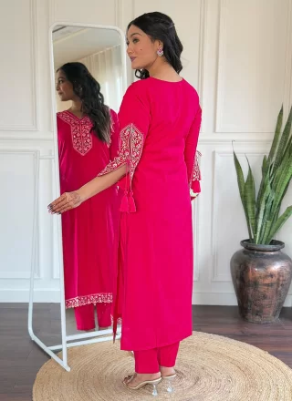 Embroidered and Print Work Viscose Salwar Suit In Pink Color