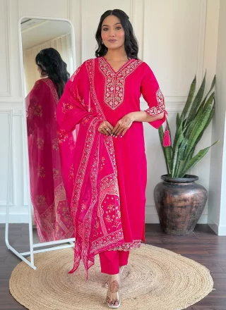 Embroidered and Print Work Viscose Salwar Suit In Pink Color