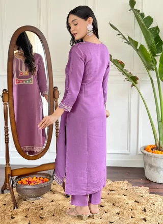 Embroidered and Print Work Viscose Salwar Suit In Purple Color