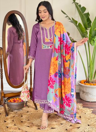 Embroidered and Print Work Viscose Salwar Suit In Purple Color