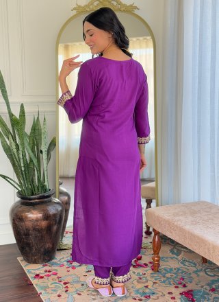 Embroidered and Print Work Viscose Salwar Suit In Violet Color