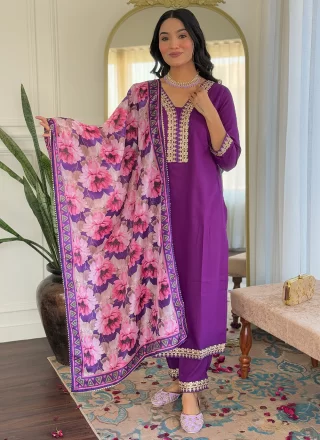 Embroidered and Print Work Viscose Salwar Suit In Violet Color