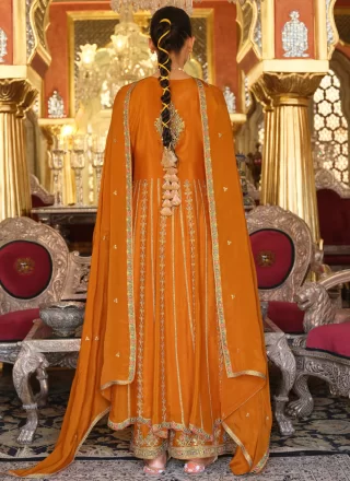 Embroidered and Resham Work Chinon Palazzo Salwar Suit In Orange