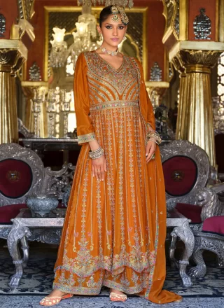 Embroidered and Resham Work Chinon Palazzo Salwar Suit In Orange