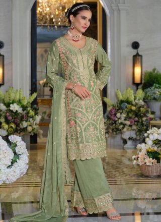 Embroidered and Resham Work Chinon Salwar Suit In Green
