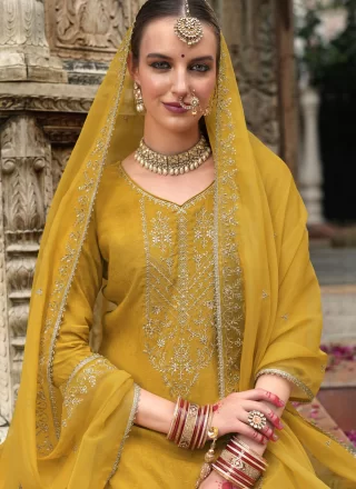 Embroidered and Resham Work Jacquard Readymade Salwar Suit In Mustard Colour
