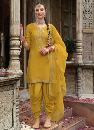 Embroidered and Resham Work Jacquard Readymade Salwar Suit In Mustard Colour