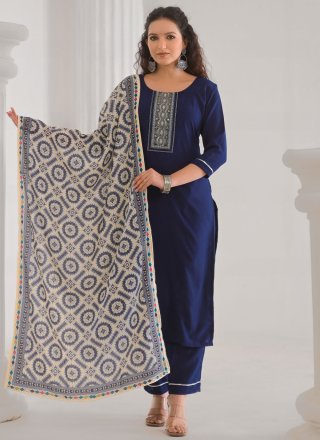 Embroidered and Sequins Work Chanderi Readymade Salwar Suit In Blue Color
