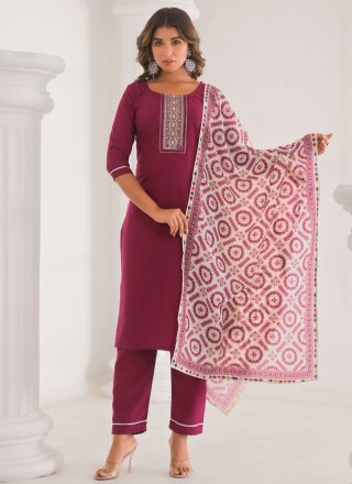 Embroidered and Sequins Work Chanderi Salwar Suit In Rani Color