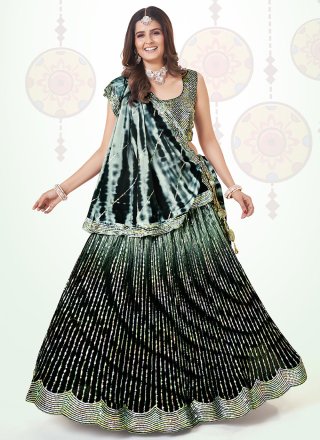 Embroidered and Sequins Work Chinon Lehenga Choli In Green for Ceremonial