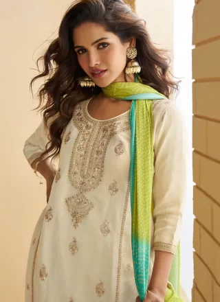 Embroidered and Sequins Work Chinon Palazzo Salwar Suit In Cream